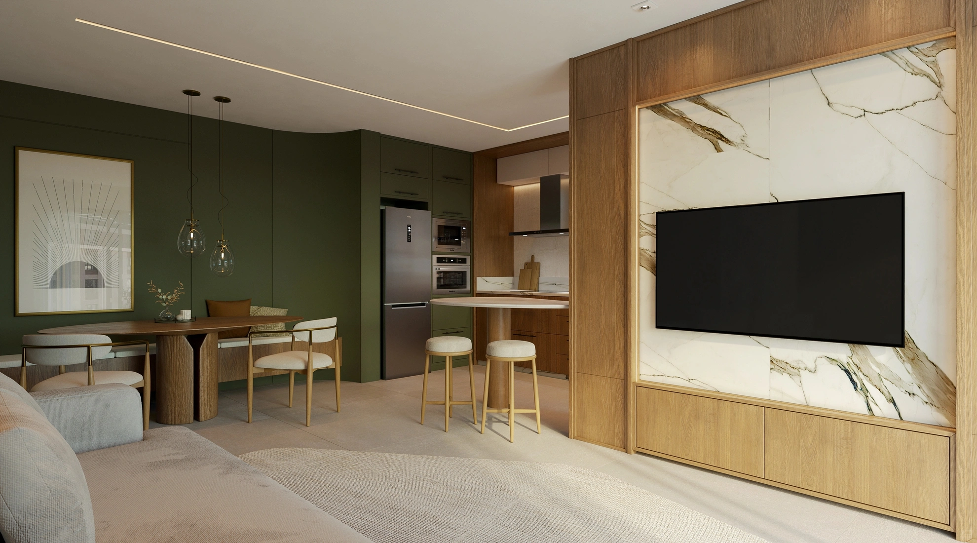 Sala de estar e jantar em tons quentes com parede verde e painel de mármore