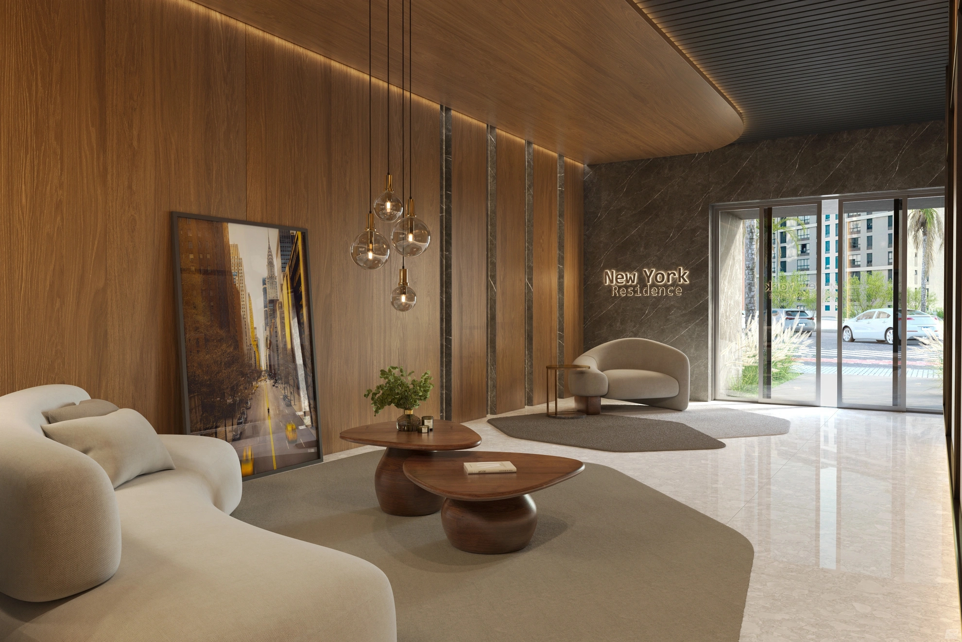 Hall de entrada do New York Residence com assinatura iluminada na parede